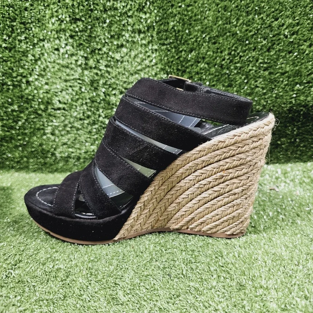 Tory Burch Bailey Black Strappy Espadrille Wedge Sandals Womens Size 8.5